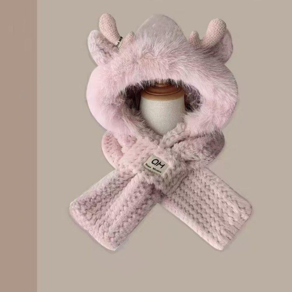 Ear Protection Bear Deer Ears Hat Soft Plush Integrated Cap Scarf Cartoon Winter Hat  Women