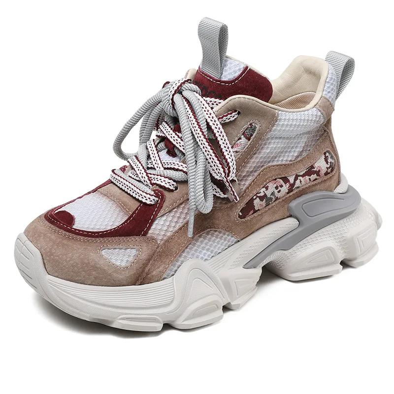 Fashion 6CM Platform Spring Autumn Hollow Women Comfy Shoes Air Mesh Genuine Leather Chunky Sneaker Sandals Vulcanize Breathable Loafer