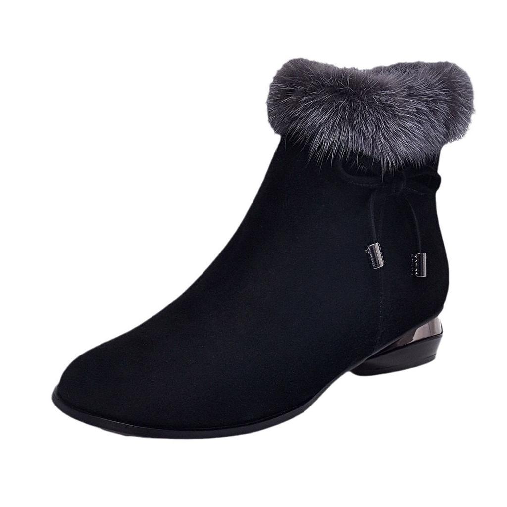 Suede matte leather small short boots round head middle heel fleece low-top autumn and winter fluffy cotton boots temperament fluffy low-heeled women