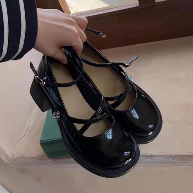 Модные туфли-лодочки с перекрестными ремешками на толстом каблуке для женщин 2024 года, новые черные коричневые туфли Мэри Джейн на высоком каблуке, женские туфли с круглым носком в студенческом стиле Zapato Mujer