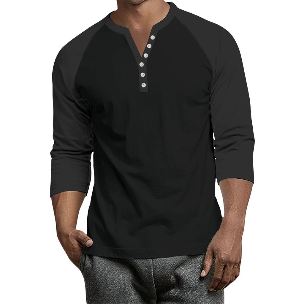Men's Button-Down Contrast Raglan 3/4 Sleeve Top