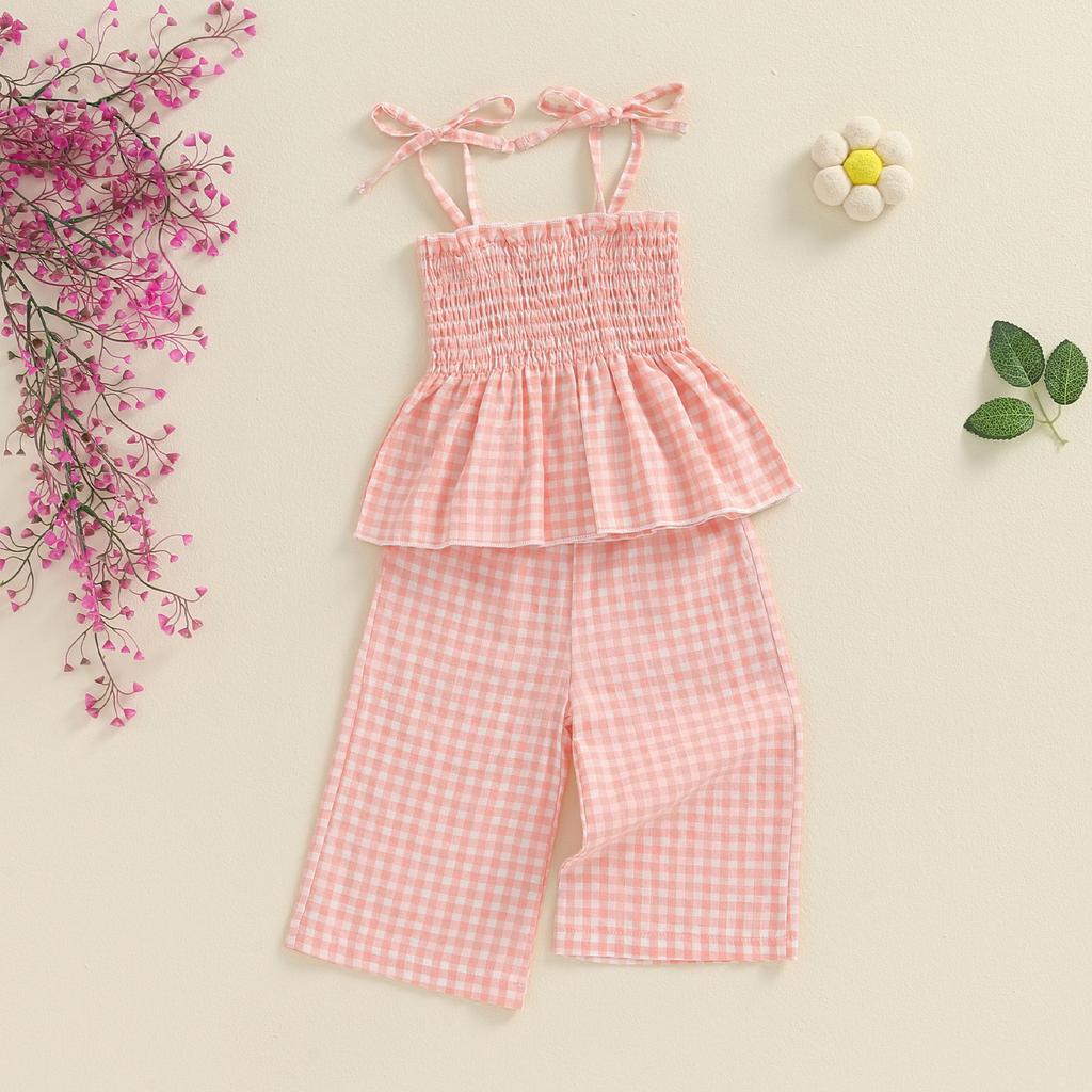 Toddler Girl Summer Outfit Plaid Tie-Up Spaghetti Strap Ruched Sleeveless Tank Tops and Loose Pants 2Pcs Clothes Set
