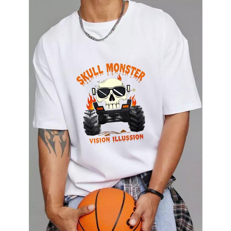 Skull Monster Vision Illusion Graphic T Shirt White Skull with Sunglasses and Flames Design for Casual Wear