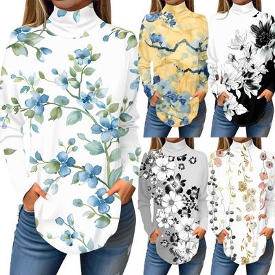 Женская модная повседневная футболка с длинным рукавом с высоким воротом и принтом, пуловер, топ