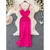 South Korea Chic Elegant Ladies Pure Color Sleeveless Sling Dress Women's Sexy Sheath Slit Base Knitting Dress