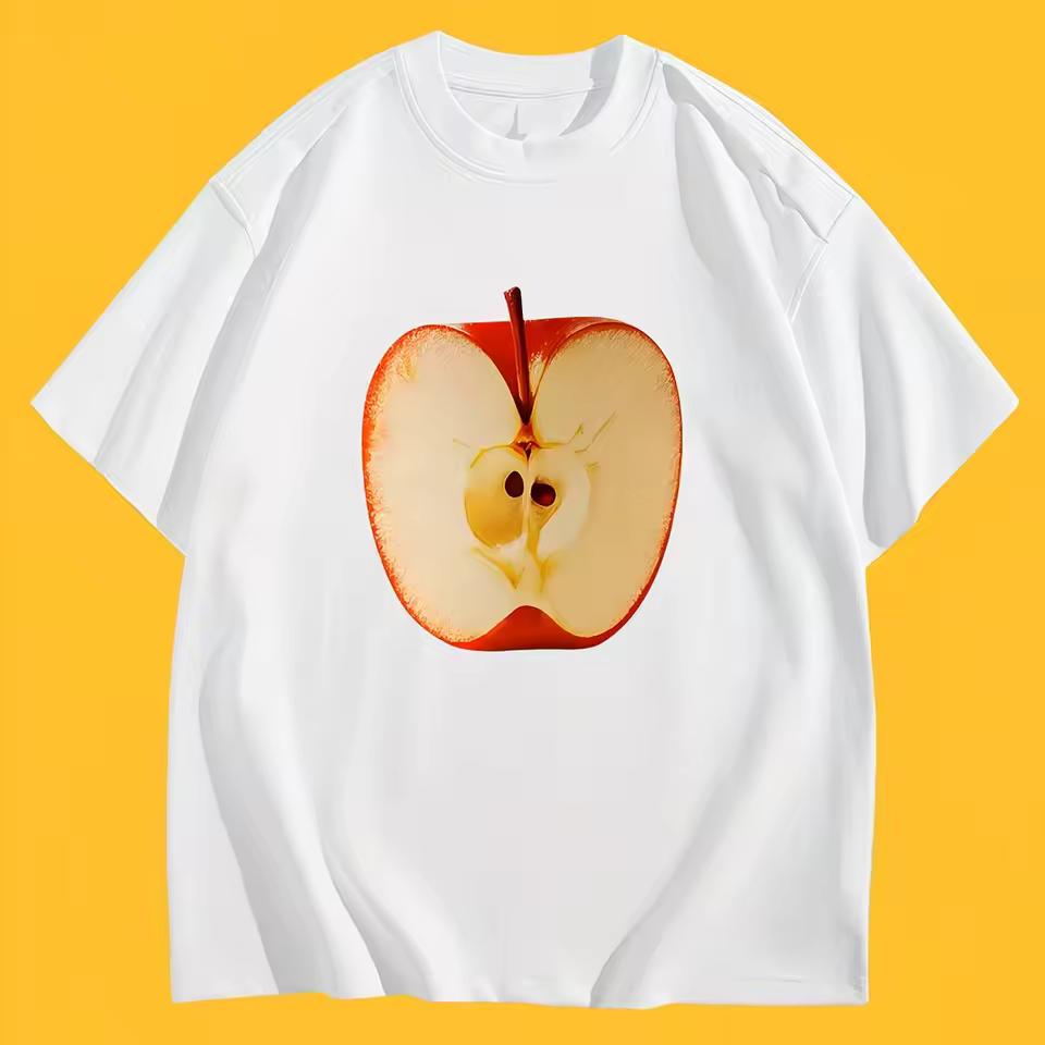 Aesthetic Red Apple Graphic T-Shirt Creative Fruit Slice Print Tee Summer Short Sleeve Unique Art Design Trendy Fashion Tops