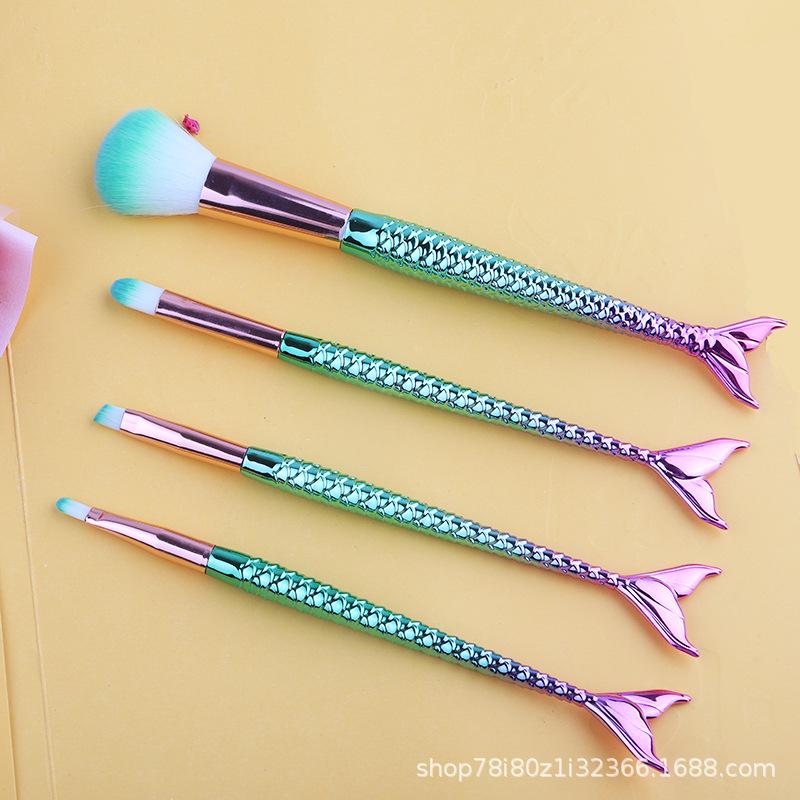 Mermaid 4-Piece Makeup Brush Set with Soft Electroplated Nylon Bristles in a PVC Bag