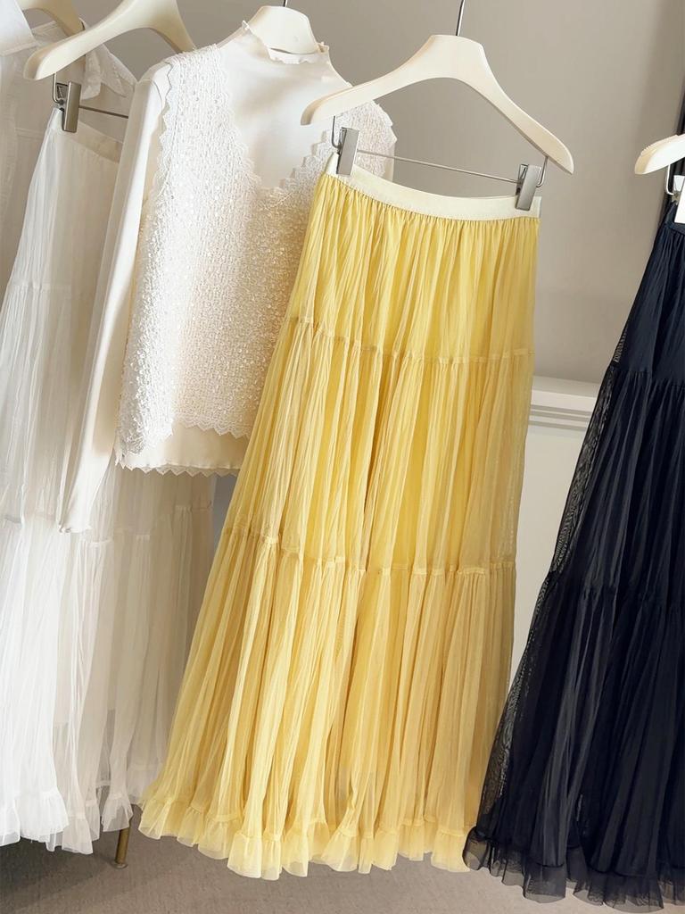 French Style High-Waist Midi Skirt: Spring A-Line Pleated Mesh Swing Skirt for Women