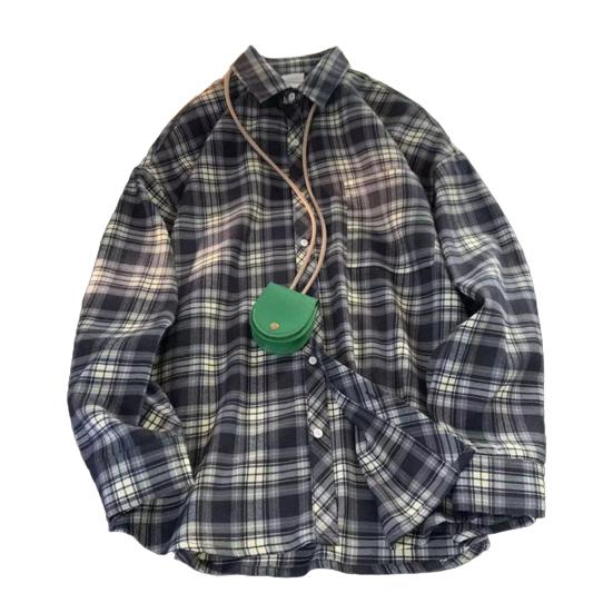 Весна Осень Мужская Рубашка Отложной Воротник Клетчатый Принт Свободный Застежка На Пуговицах Ретро Американская