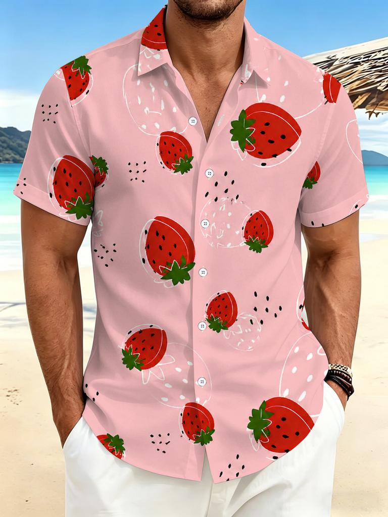 Plus-size Men's Multi-Button Short-Sleeve Shirt with Strawberry Print, Casual Stand-Collar Short-Sleeve Shirt with Enlarged Strawberry Elements,