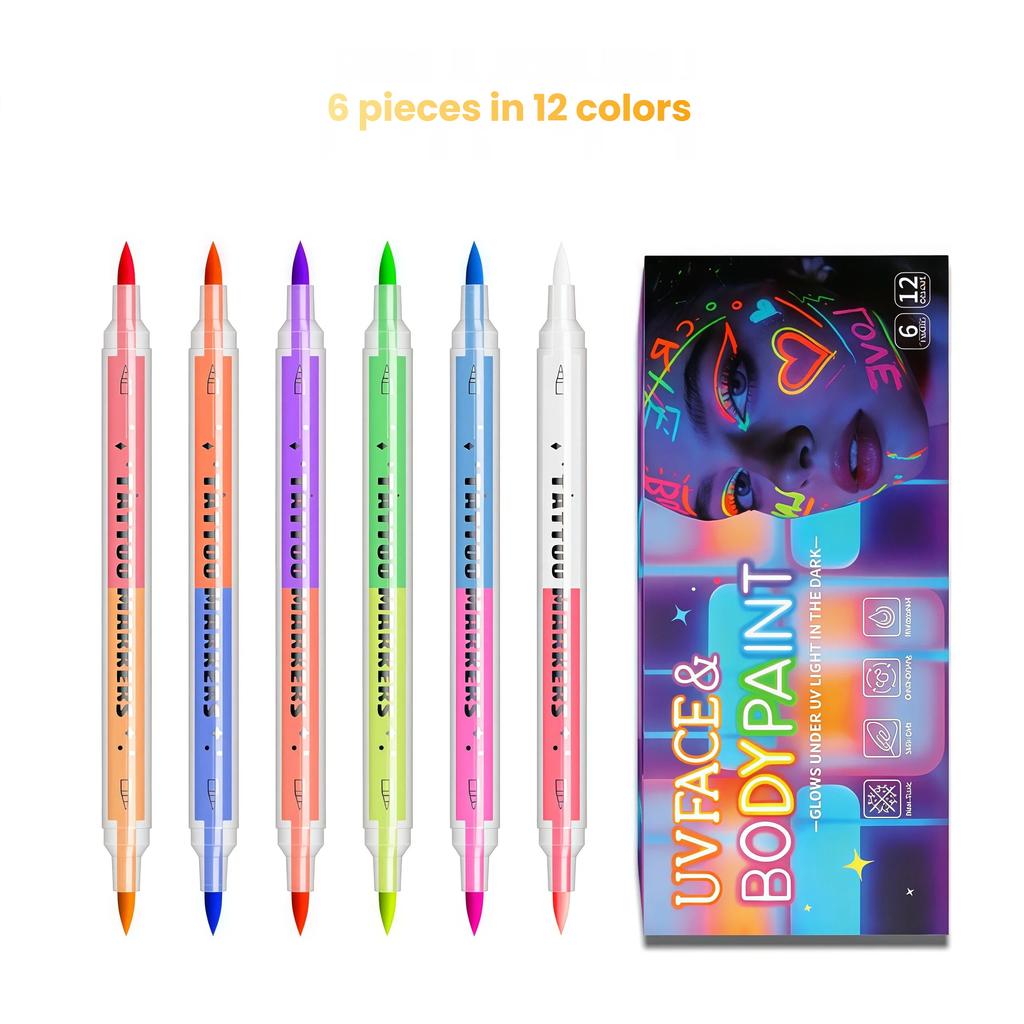 UV Face Paint Temporary Tattoo Pen Water-Washable Body Fluorescent Art Marker Festival Party Dual-Headed 12-Color Erasable