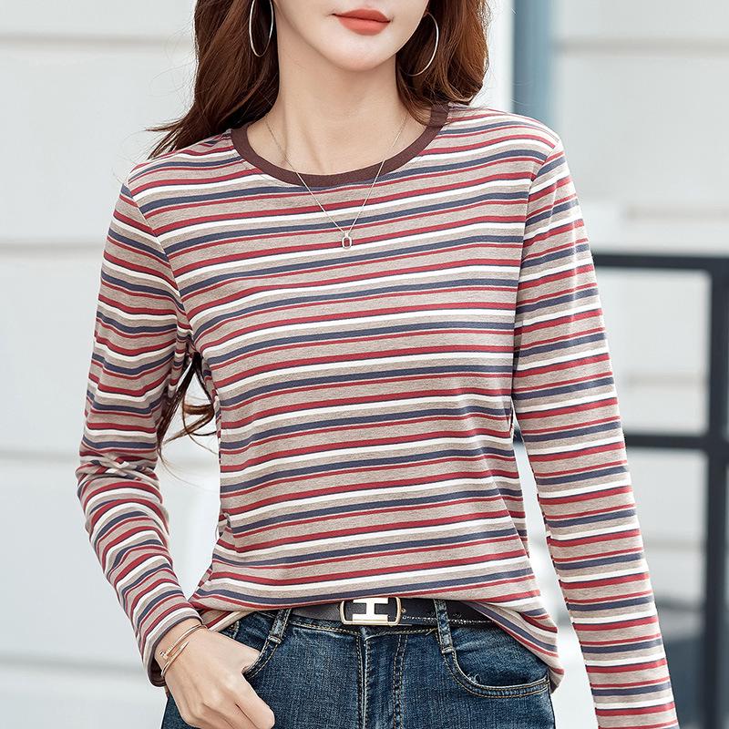 Women's Striped Round Neck Long Sleeve T-Shirt - Casual Loose Fit, Perfect for Spring and Autumn, Korean and Japanese Style.