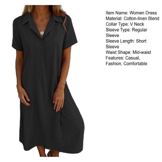 Midi Womens Dress Linen Cotton Vneck Short Sleeve Swing Dress Casual Aline Flowy Sundress Summer Beach Outfits
