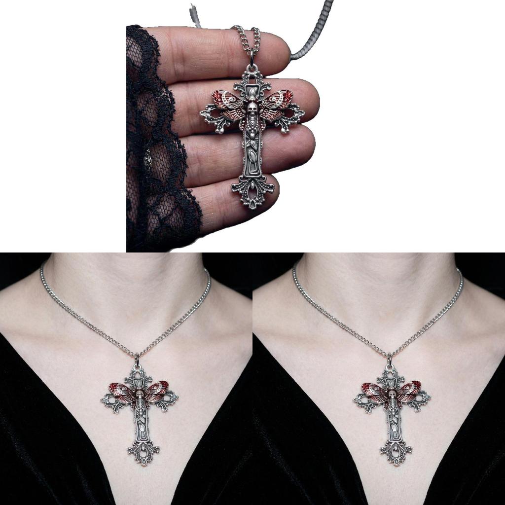 Gothic Cross Necklace With Death Head Moth Pendant For Gothic Jewelry And Party Wear