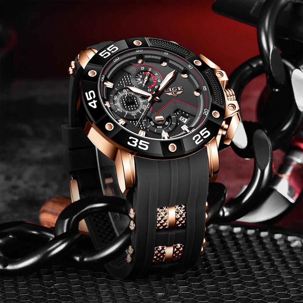 LIGE Men Watch Fashionable Sports Waterproof Silicone Strap Men's Quartz Watch