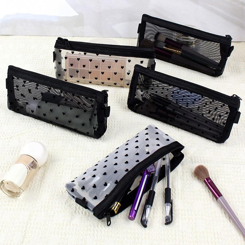 1Pcstravel Love Mesh Cosmetic Bag Zipper Makeup Bag For Women Wash Toiletry Bag Makeup Organizer Portable Storage Pouch