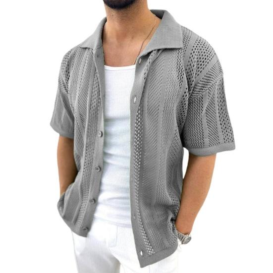 Мужская винтажная трикотажная рубашка с коротким рукавом и лацканами, повседневная однотонная рубашка на пуговицах для повседневной носки на работу и отдых