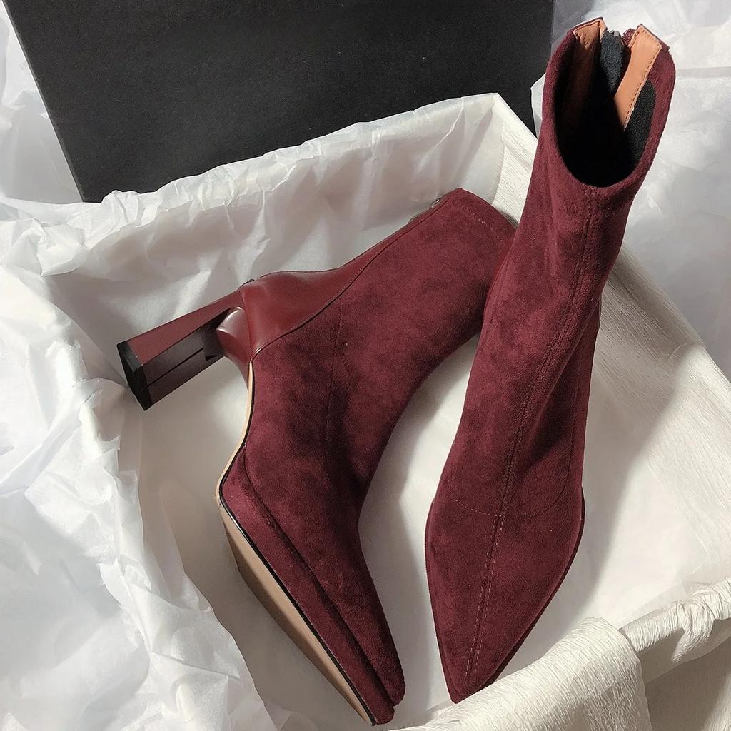 Spring and Autumn Fashion Solid Color High Heels Thin Boots Thick Heels Pointed Women's Boots Back Zipper Short Boots