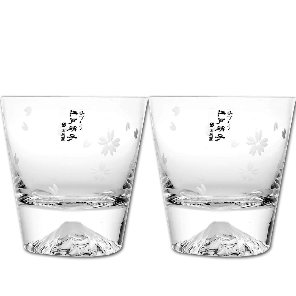 Fuji Tajima Glass Sakura Rocks Glasses x 2 Pair Set Grand Prix Edo Edo 60th Overseas Celebration Made in Paulownia Wood Includes Views of Mount Fuji x