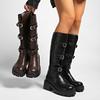 NEW Autumn Platform Cowhide Riding Boots Pull-on Chunky Heels Belt Buckle Knee High Boots Large Size Women's Boots
