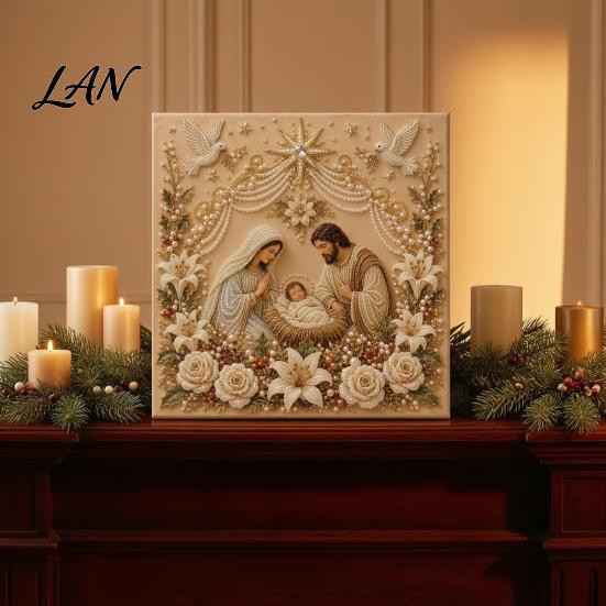 Handmade Seasonal Wall Decor Christmas Faux Pearl Art Kit, DIY Church Painting Jesus Ornaments Holy Family Craft Kit for Adults, Holiday Gift Lovers