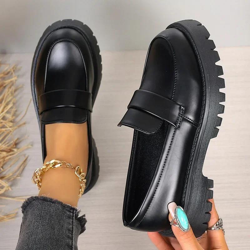 Fashion British Style Platform Loafers Women 2024 Plus Size Round Toe Single Shoes Woman Thick Bottom Pu Leather Shoes Mujer