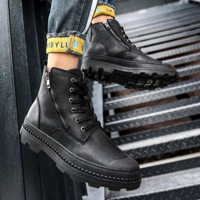 Мужские высокие ботинки Зимние плюшевые хлопковые ботинки Мотоциклетные ботинки Мужские деловые ботинки из натуральной кожи Износостойкие ботильоны