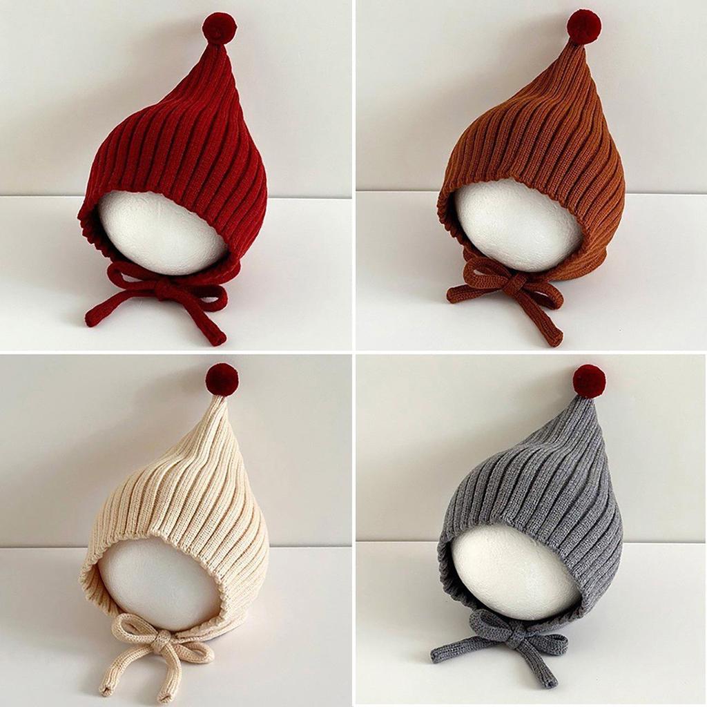 Cute Baby Winter Ear Protection Cap Solid Color Pompom Knitted Lacing Hat Windproof Warm Infant Toddler Earmuffs Beanie