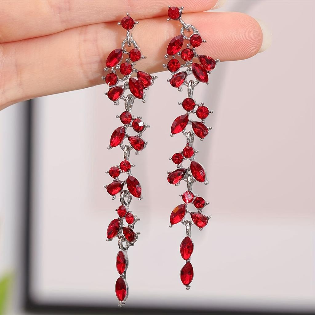 Colorful Shiny Rhinestone Inlaid Leaf Design Long Dangle Earrings Bohemian Elegant Style Delicate Female Earrings