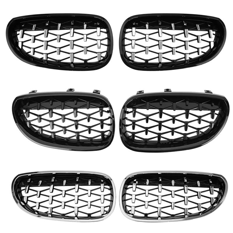 For BMW E60 E61 550i 535i Diamond Car Front Bumper Grille Kidney Racing Grill 2004-2009 Grille Black Frame Silver Grills