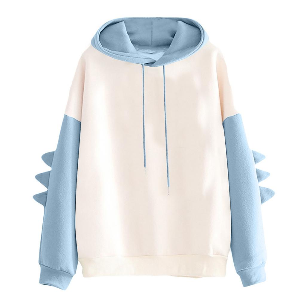 Women's Solid Color Contrasting Dinosaur Loose Casual Hoodie