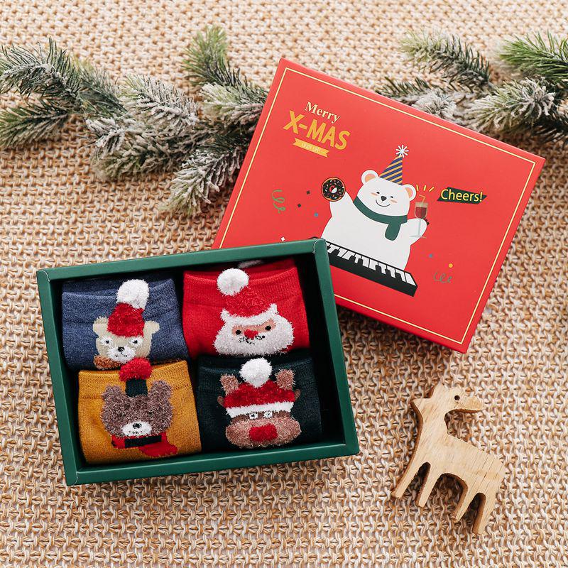 4-Pair Gift Box: Women's Cartoon Animal Mid-Calf Socks - Perfect for Autumn, Winter, Christmas, and New Year