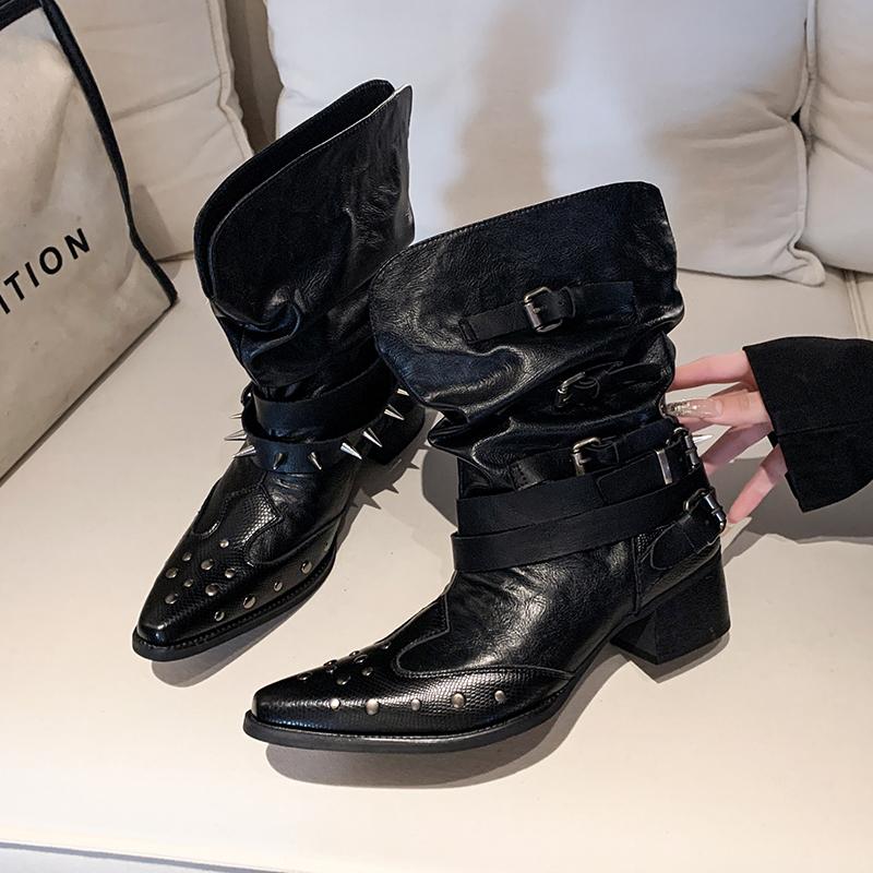 Панк Металл Заклепки Острый Носок Вестерн Сапоги Женские 2025 Плиссированные До Середины Икры Сапоги для Верховой Езды Уличный Стиль Металлическая Пряжка Обувь