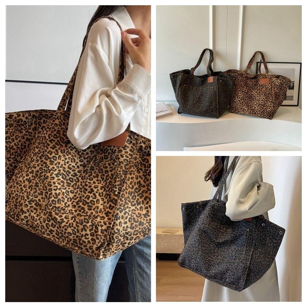 Large Capacity Leopard Print Shoulder Bag Square Women Handbag Simple Canvas Tote Bag Girls