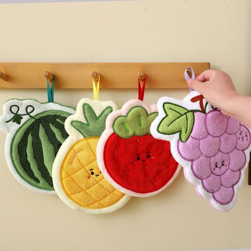 Fruit Hand Towel Kitchen Absorbent Cleaning Cloth Hanging Quick Drying Coral Fleece Rag Bathroom Flower Hand Cloth Home Supplies