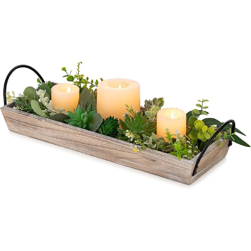 Long Narrow Wood Candle Tray: Hanobe Rustic Wooden Candle Holders Rectangular Table Centerpieces for Dining Room Farmhouse Pillar Stand with Handle