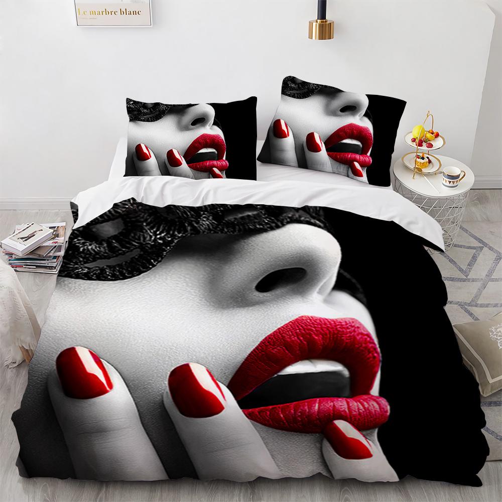 2026 NEW Couple Bedding Kiss Sketch Crimson Lips Kissing Guest Room Duvet Cover Set (1pc* Duvet Cover + 2pcs Pillowcase)