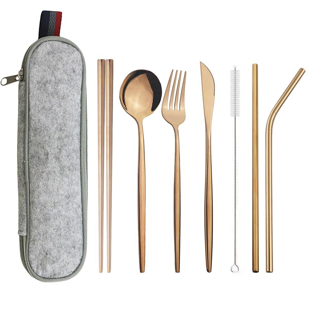 Серебряный набор столовой посуды, дорожный набор столовых приборов, многоразовое серебро, соломенные ложки, вилки, палочки для еды, кухонные аксессуары с сумкой