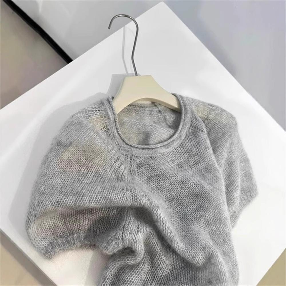 Women's Light Gray Puff Sleeve Mohair Sweater - Autumn/Winter, Round Neck, Short Sleeve Knit Top.