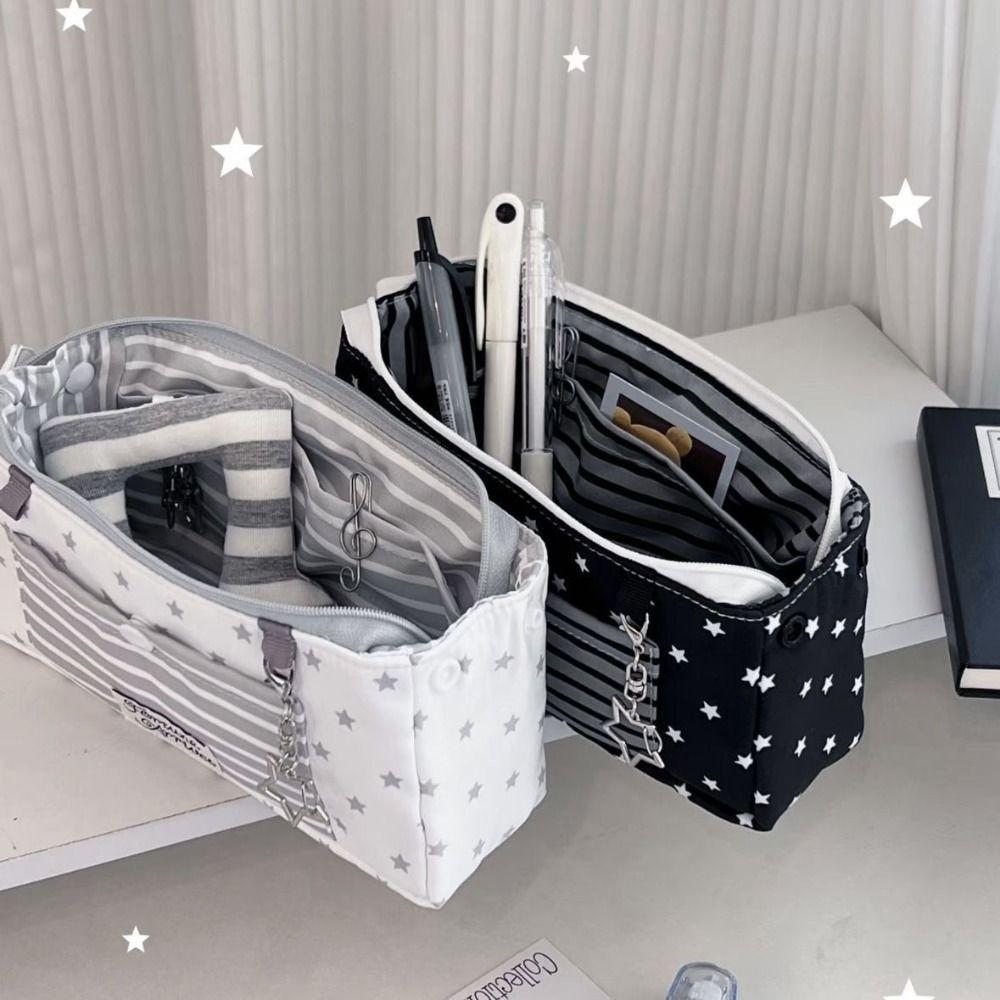 Striped Pencil Storage Bag Large Capacity Pen Organizer Trendy Zipper Stationery Pouch  Children