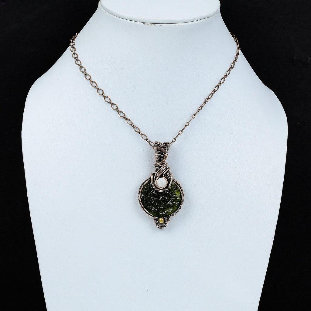 Moldavite Pendant Copper Wire Wrapped Pendant Rainbow Moonstone Pendant Handmade Real Gemstone Pendant Gift For Her Copper Wire Wrap Jewelry
