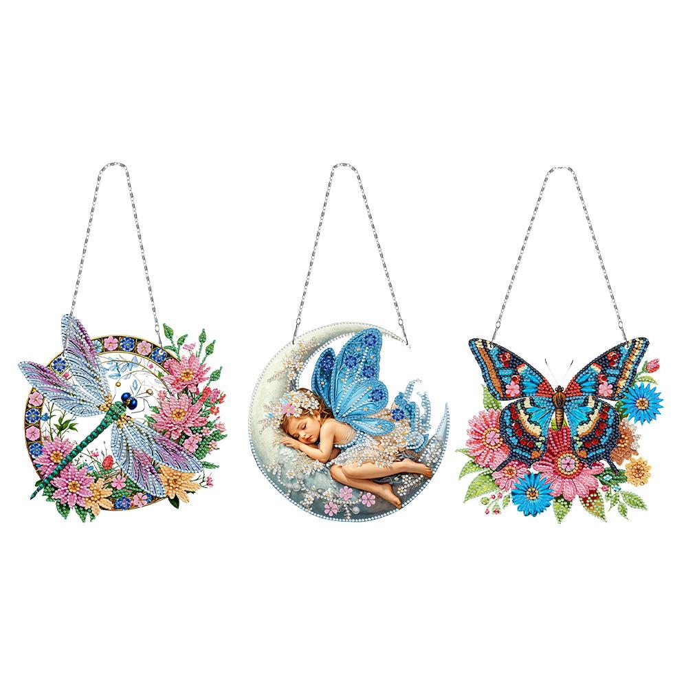 3Pcs Acrylic Butterfly Dragonfly Fairy Diamond Painting Ornaments Diamond Painting Hanging Pendant for Garden Window Decor