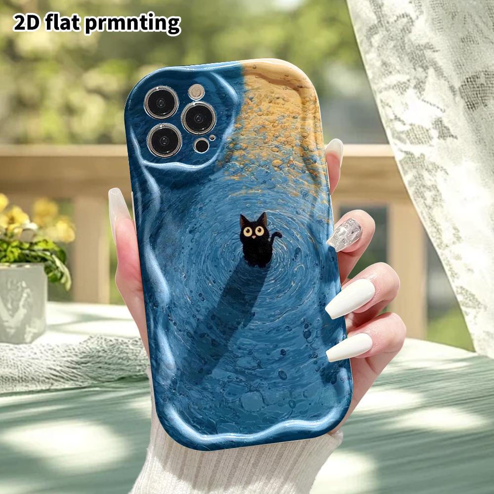 Phone case: 2D flat design, fits iPhone 12 to 18 Pro, phone decoration, little black cat in shallow water, Halloween and Christmas gift