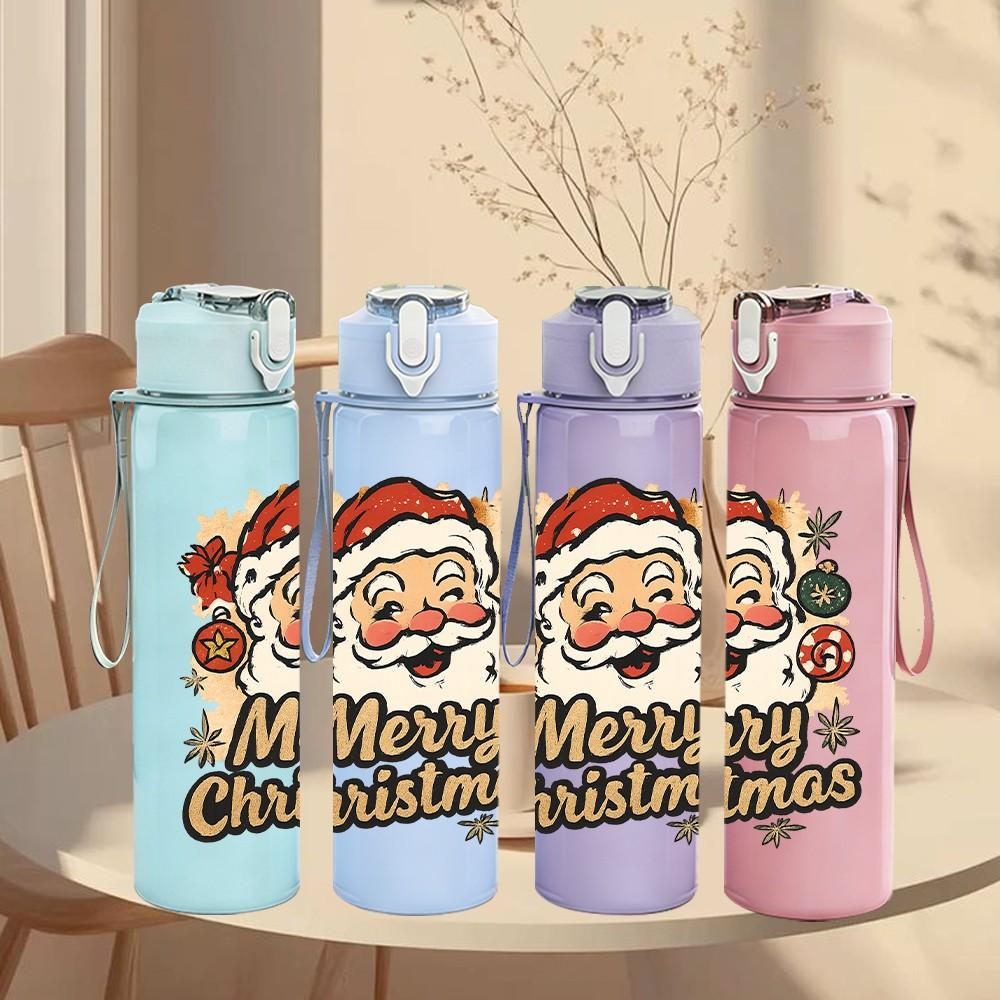 1PC Vintage Santa Claus Print 750ml Color Plastic Sports Water Bottle Leakproof Flip Straw Lid Suitable for Sports Office Home Use