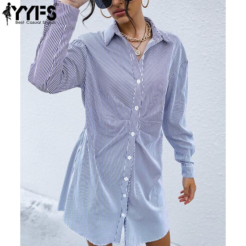 YYFS Женская мода повседневная весна осень полосатый принт длинный рукав воротник поло блузки и рубашки