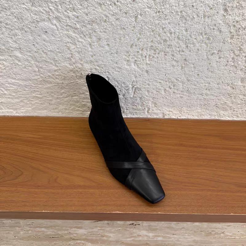 Модные ботильоны на низком каблуке, осенние новинки, квадратный носок, вставки из фланели, молния сзади, мягкая подошва, противоскользящие, износостойкие, одинарные ботинки