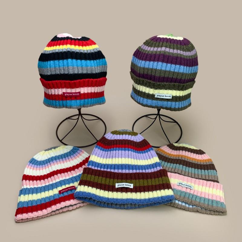 Winter Striped Letter Patch Beanie Hat Men Women Warm Casual Versatile Knit Cap