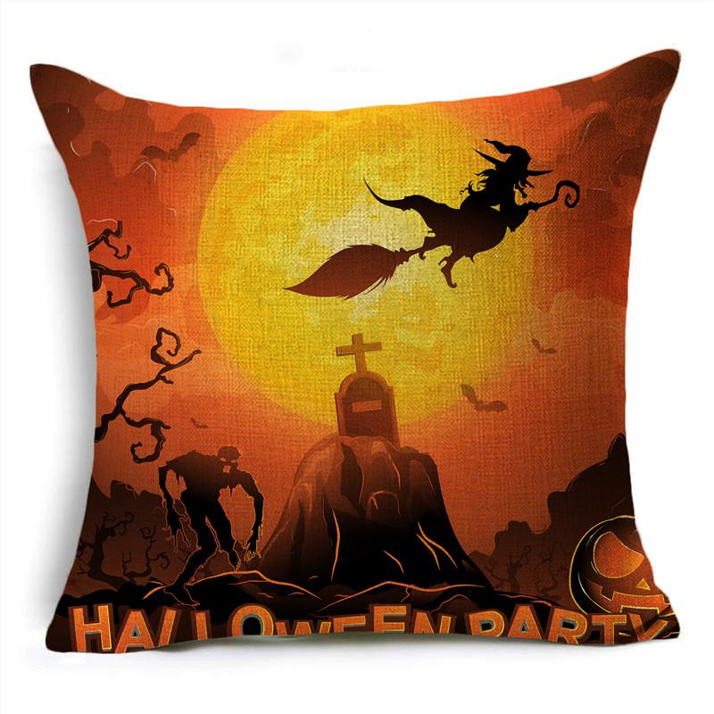 Orange Scary Halloween Night Witch Haunted House Linen Throw Pillowcase Decorative Cushion Cover For Sofa Livingroom Party
