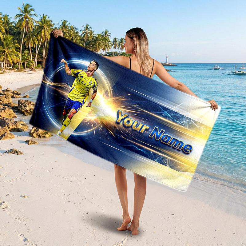Cristiano Ronaldo Custom Beach Towel, Personalized Name Text Print, Football Logo Soft Quick‑Dry Towel Holiday Gift