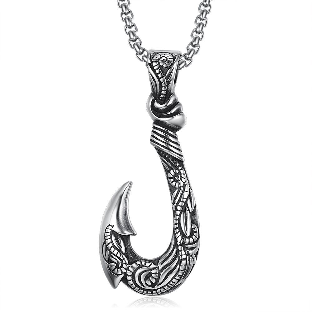 Vintage Stainless Steel Fishhook Pendant Mens Necklace Ocean Style Jewelry